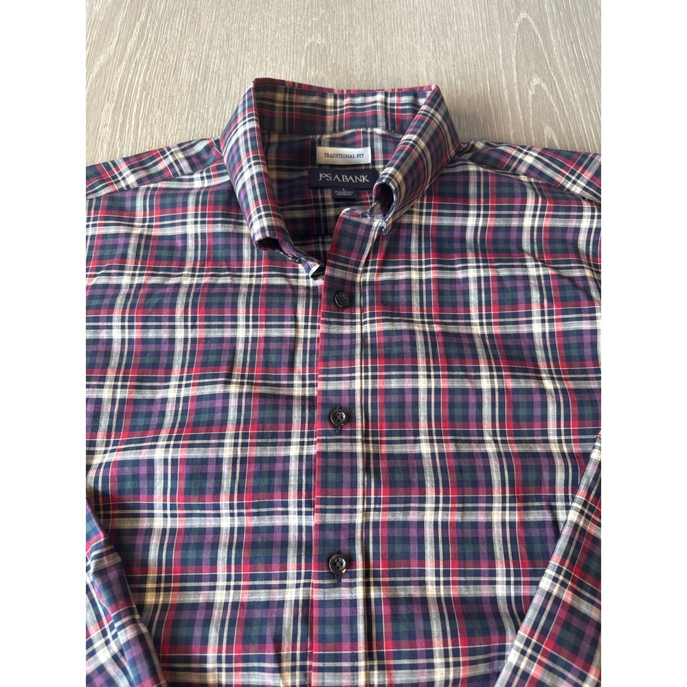 Jos A Bank Mens Large Traditional Fit Plaid Button Down Shirt Red Navy Blue LG